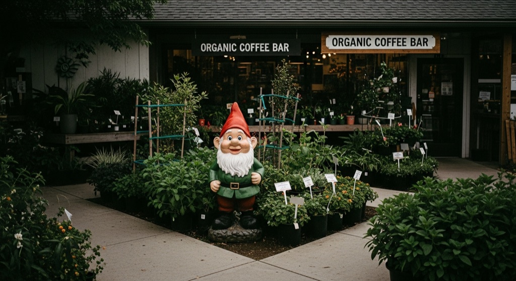 Giant Garden Gnome at North End Organic Nursery