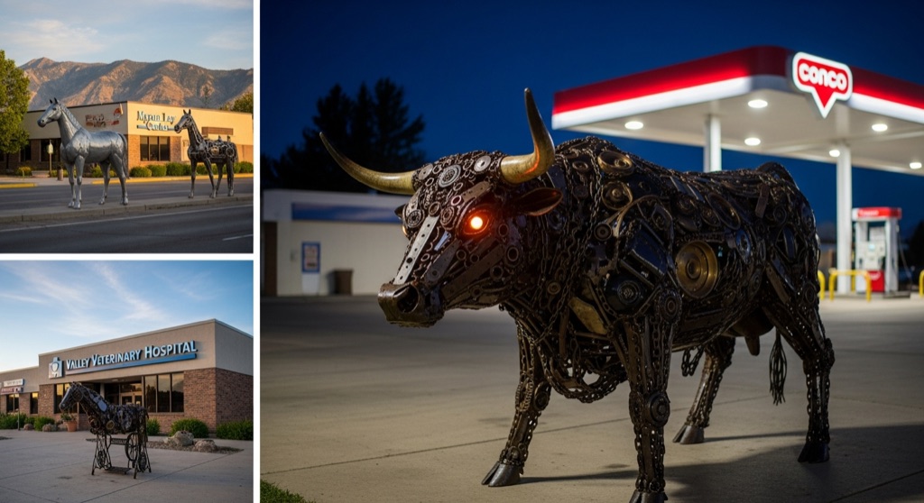 Ryder Horses Metal Sculptures & the Conoco Rodeo Bull